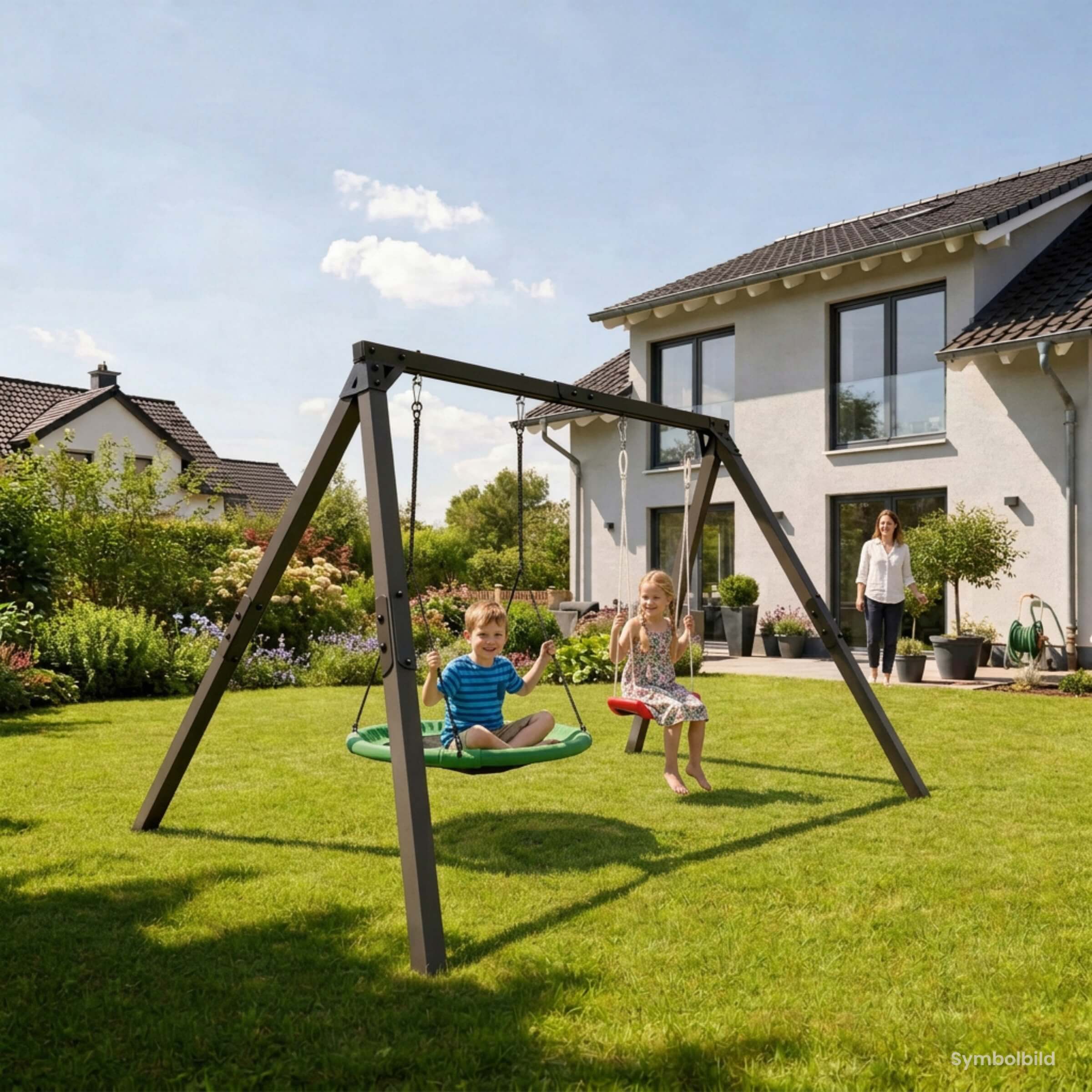 Kinder spielen auf Doppelschaukel mit Nestschaukel und Brettschaukel im Garten