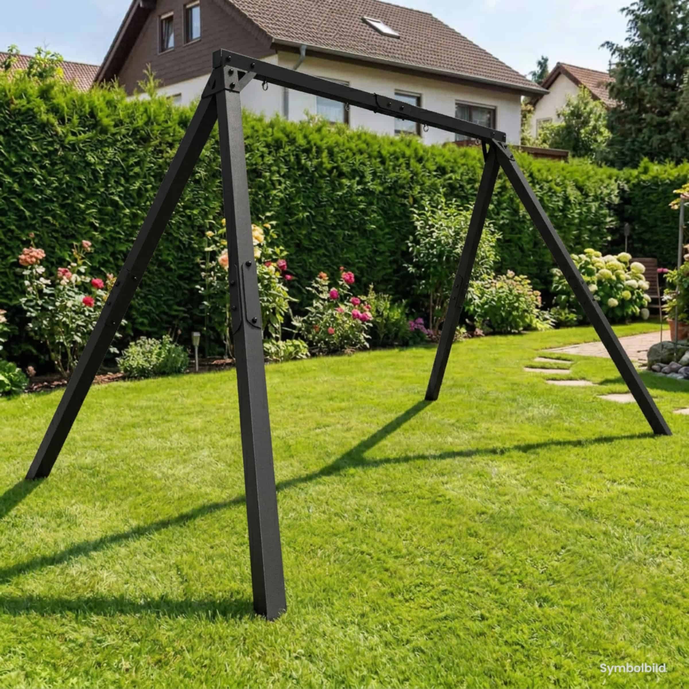 Garten Schaukelgestell aus schwarzem Metall, stabile Konstruktion für Spielplatz im eigenen Garten