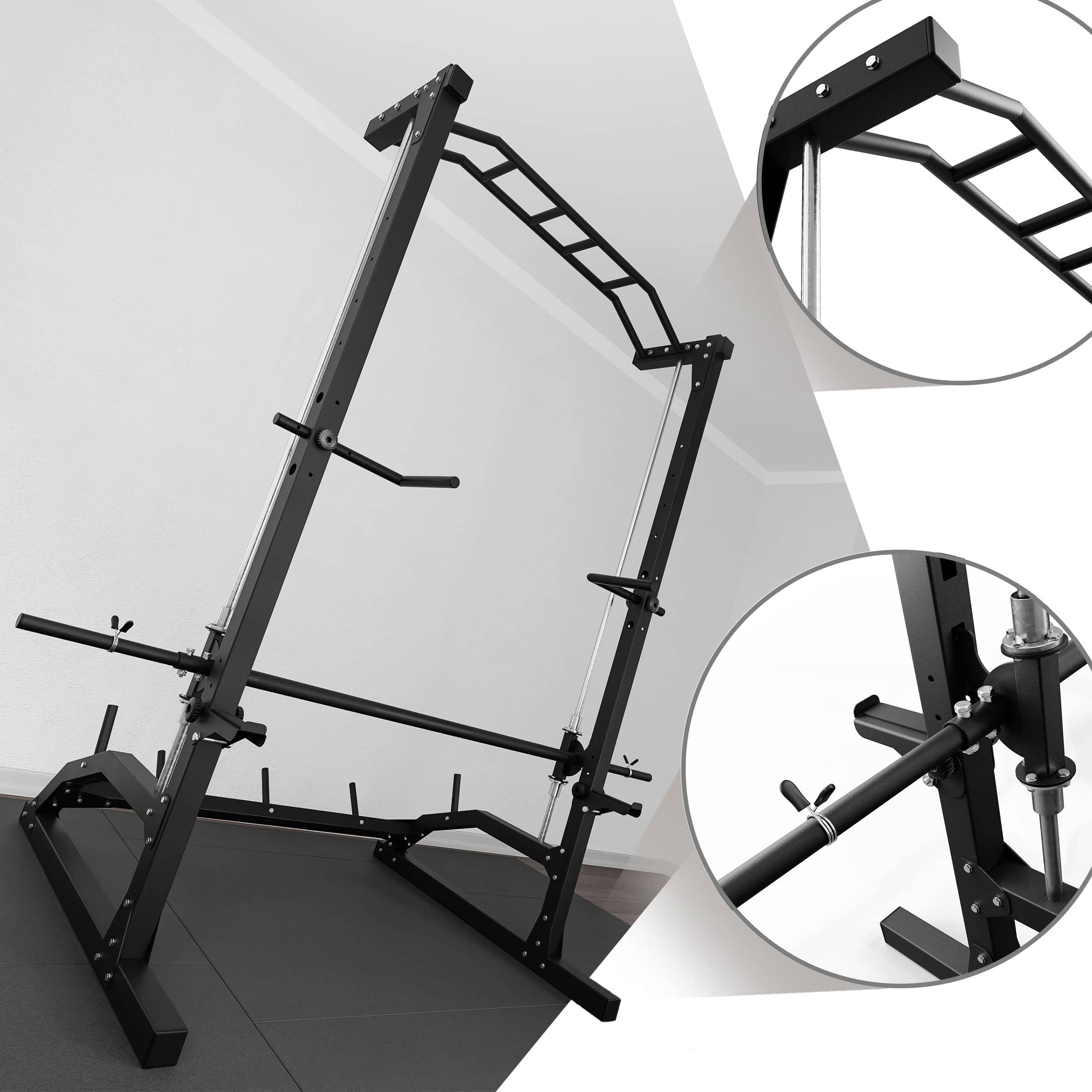 Lifestyle-Produktfoto der Multipresse in einem modernen Home Gym mit Detail-Insets
