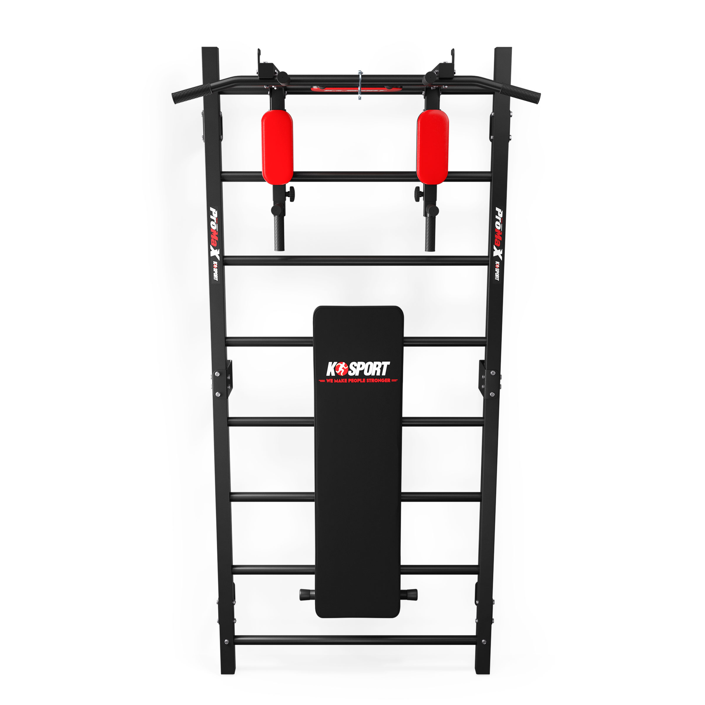 Sprossenwand aus Metall mit roter Hantelbank, Dip-Station und Klimmzugstange für vielseitiges Fitness-Training an der Wand