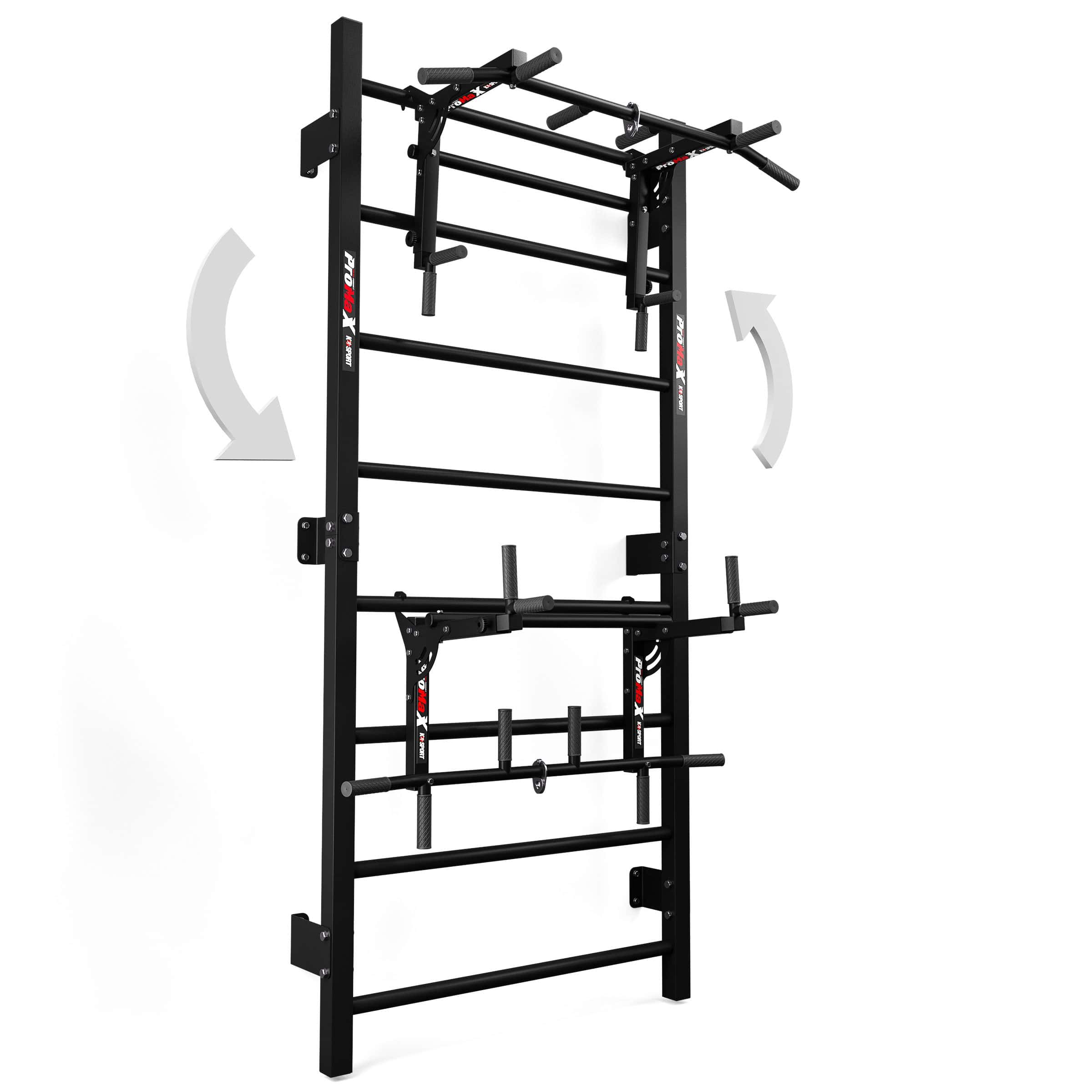 Illustration der 2-in-1 Wendefunktion der Sprossenwand mit Klimmzugstange/Dip Station