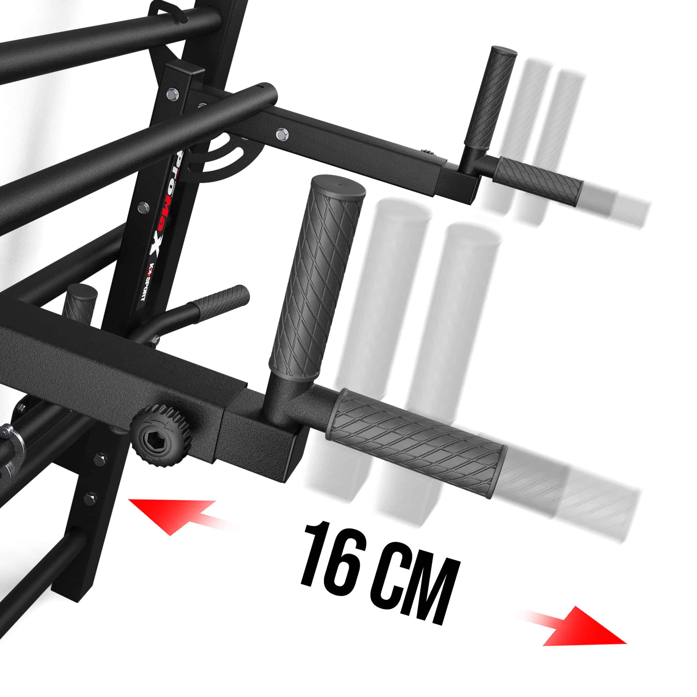 Detailansicht verstellbare Griffe der Sprossenwand mit Klimmzugstange/Dip Station, ausziehbar um 16 cm
