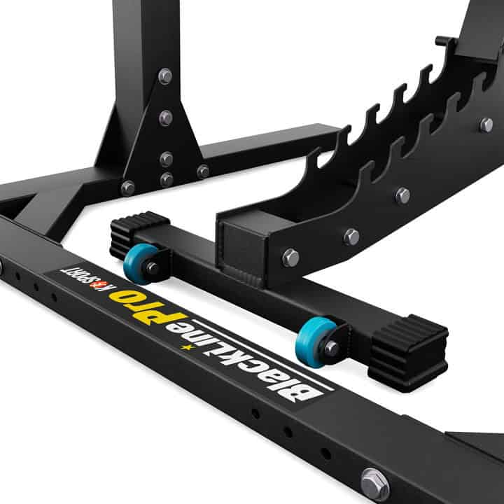 Rollensystem an der Hantelbank für einfache Positionierung innerhalb des Squat Racks