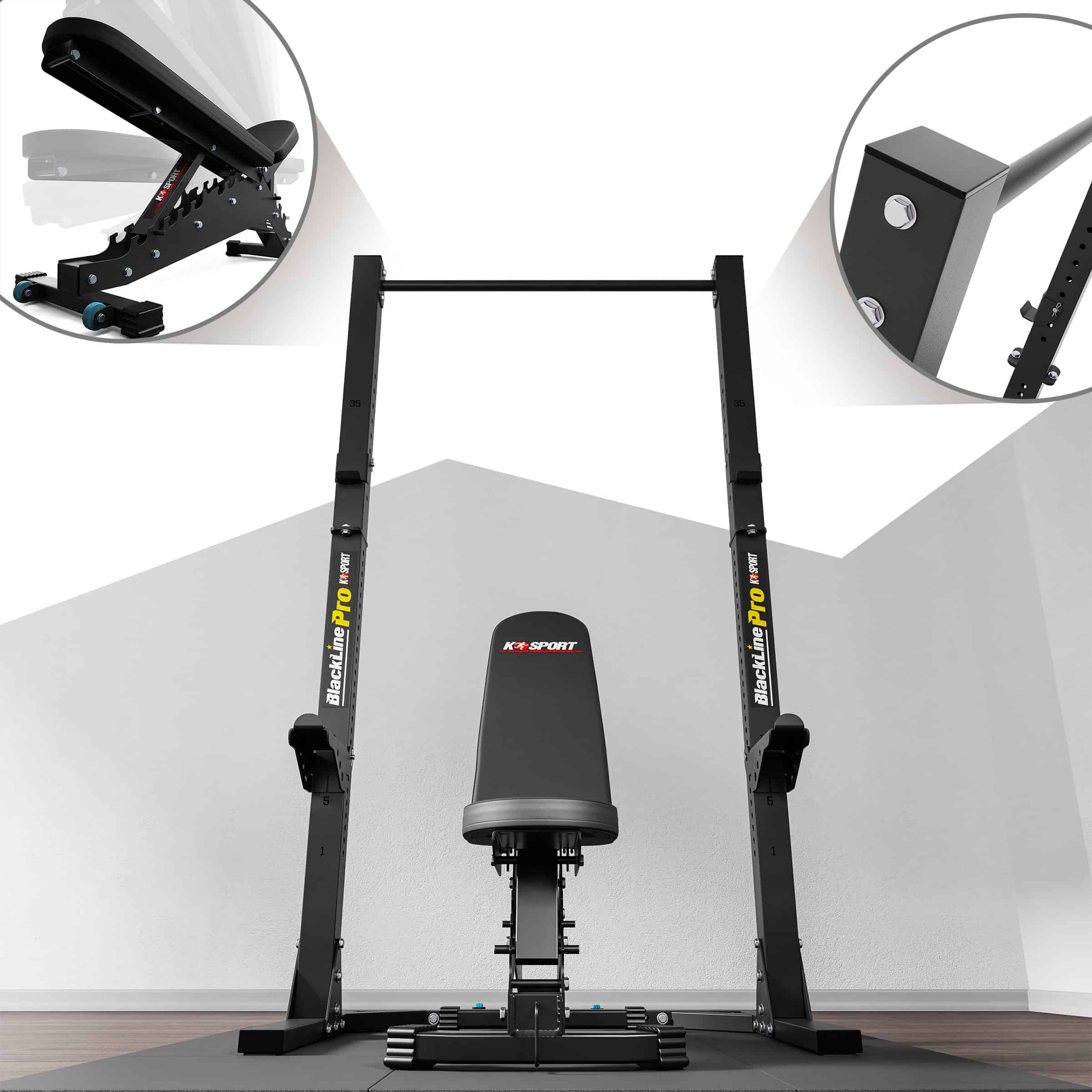 Frontansicht eines Squat Racks mit verstellbarer Trainingsbank und Pull-up-Stange in einem Home-Gym