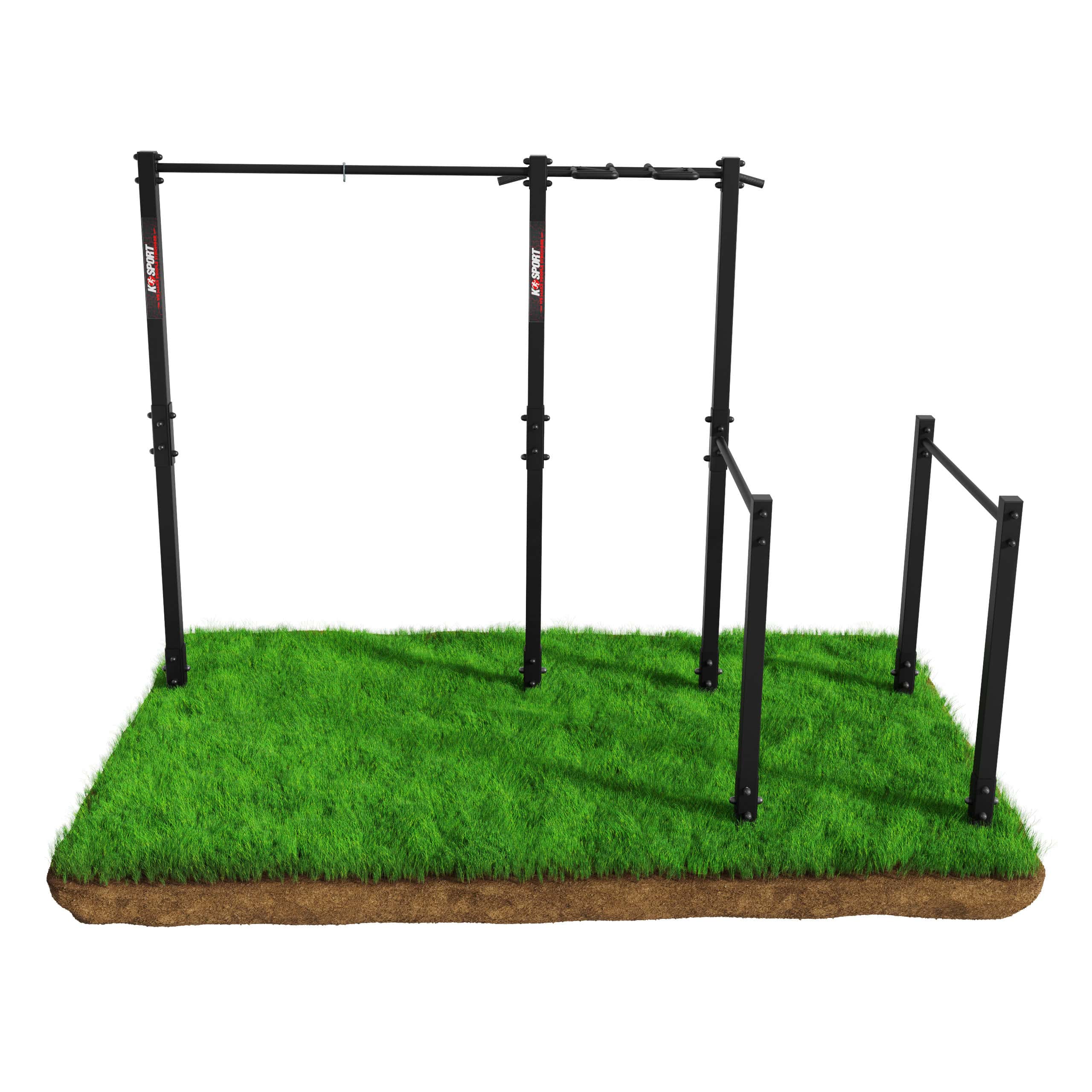 Garten-Turngerät mit Klimmzugstange und Parallelbarren, Ansicht von vorne auf künstlichem Grasboden, freistehende Konstruktion