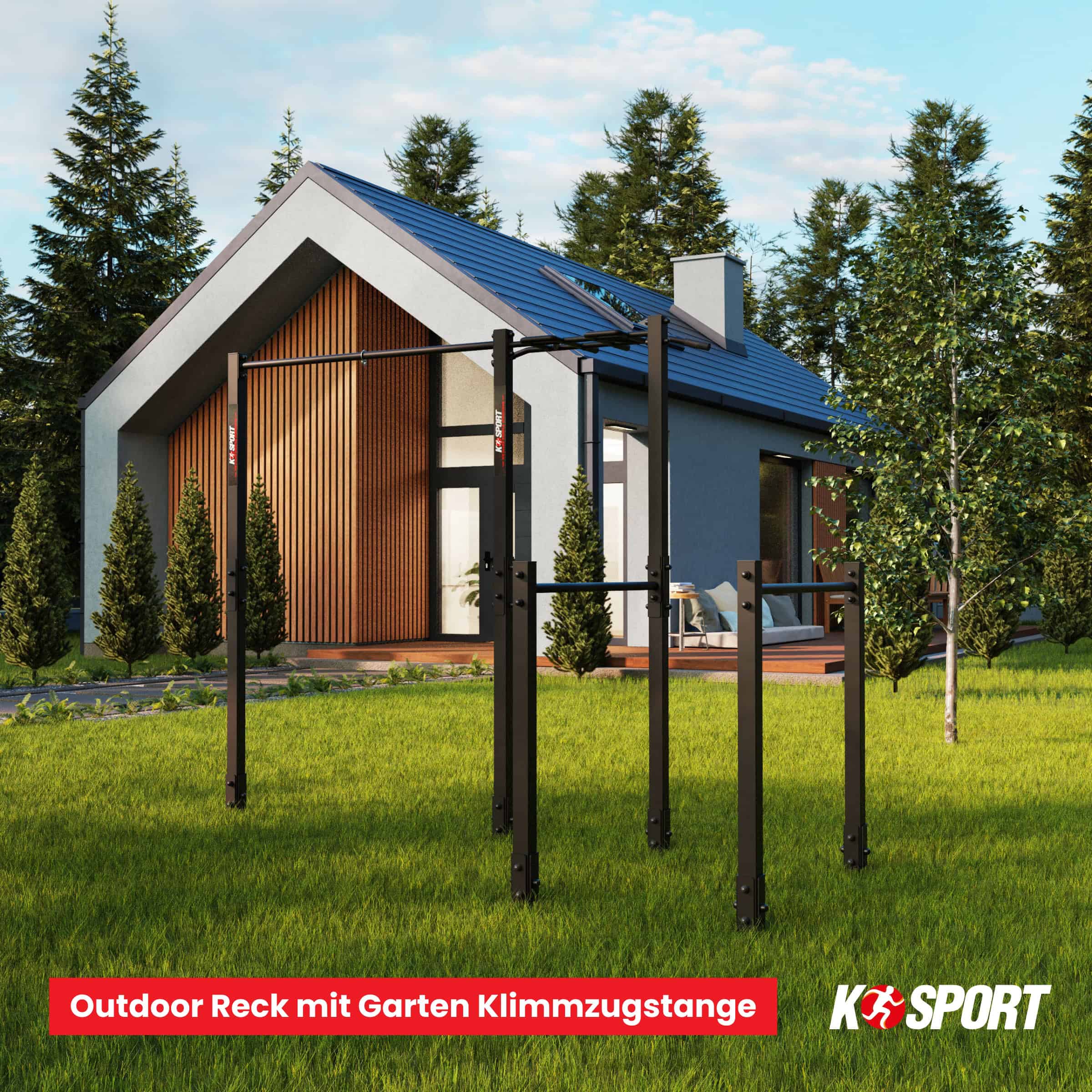 Outdoor-Reck mit Klimmzugstange und Monkey Bar im Garten eines modernen Einfamilienhauses, Einsatzbeispiel im Außenbereich