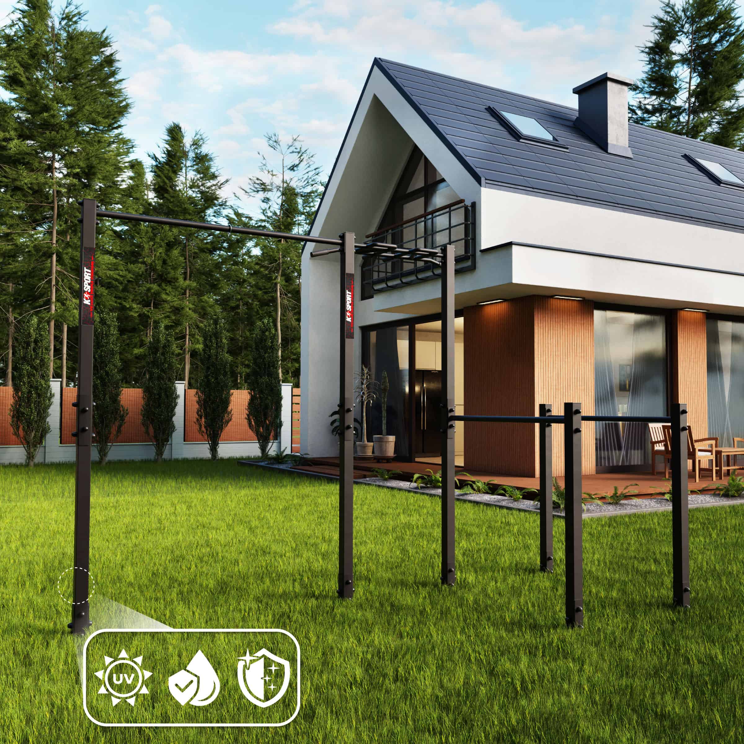 Garten-Fitnessgerät mit Klimmzugstange und Barren auf Rasenfläche vor Wohnhaus, stabile Metallkonstruktion für Outdoor-Training