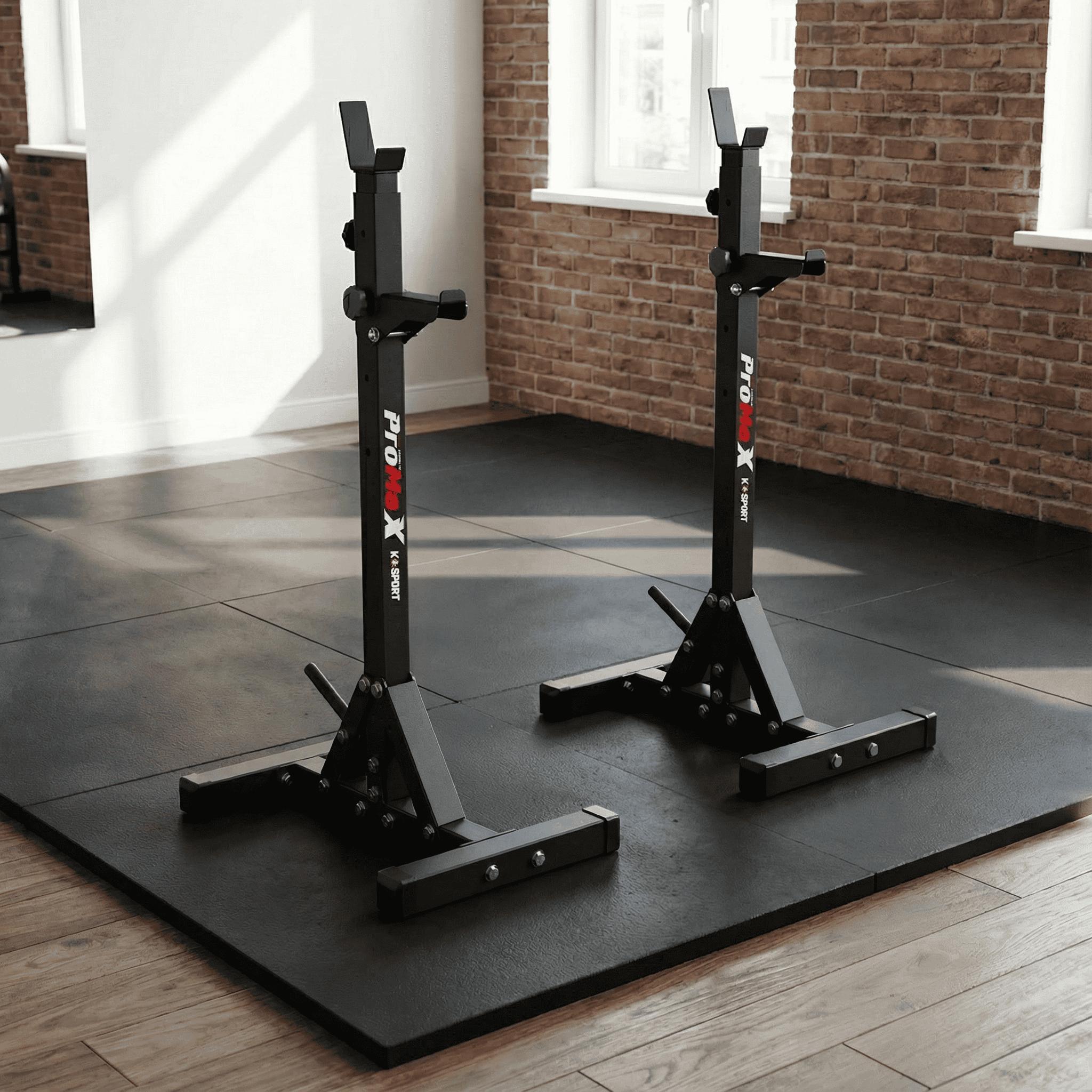 Zwei K-Sport Langhantelständer im Homegym auf Gummimatte mit sicherem Stand und robuster Bauweise