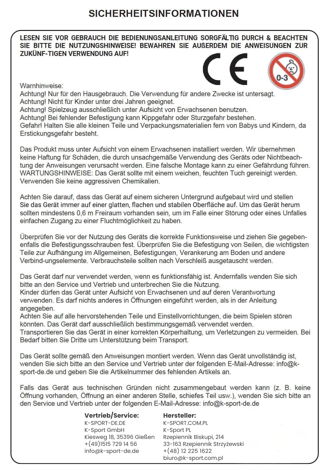 Sicherheitsinformation für Fitnessgeräte