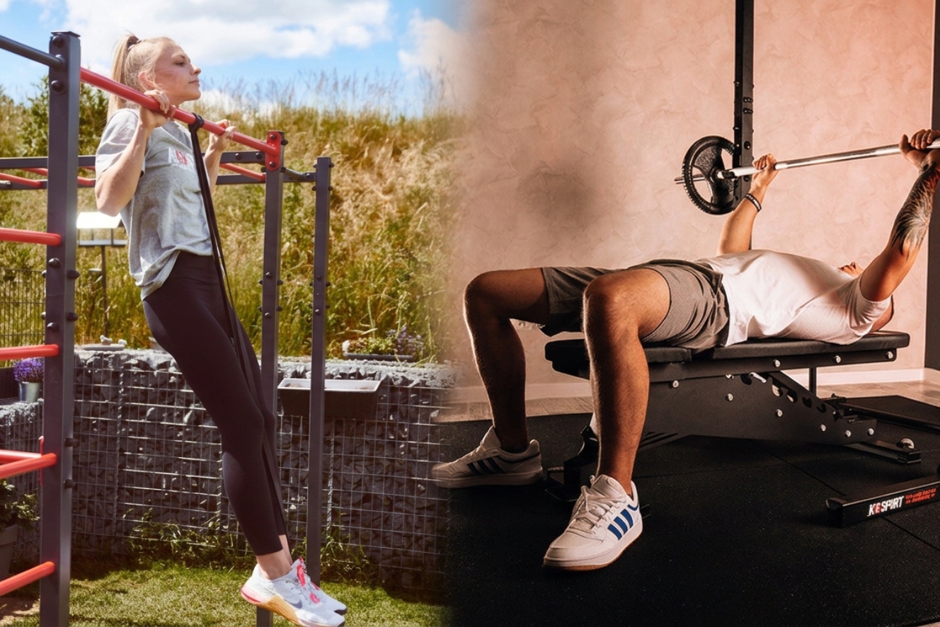 Vergleich von Calisthenics im Outdoor-Gym und Krafttraining mit Langhantel auf der Hantelbank