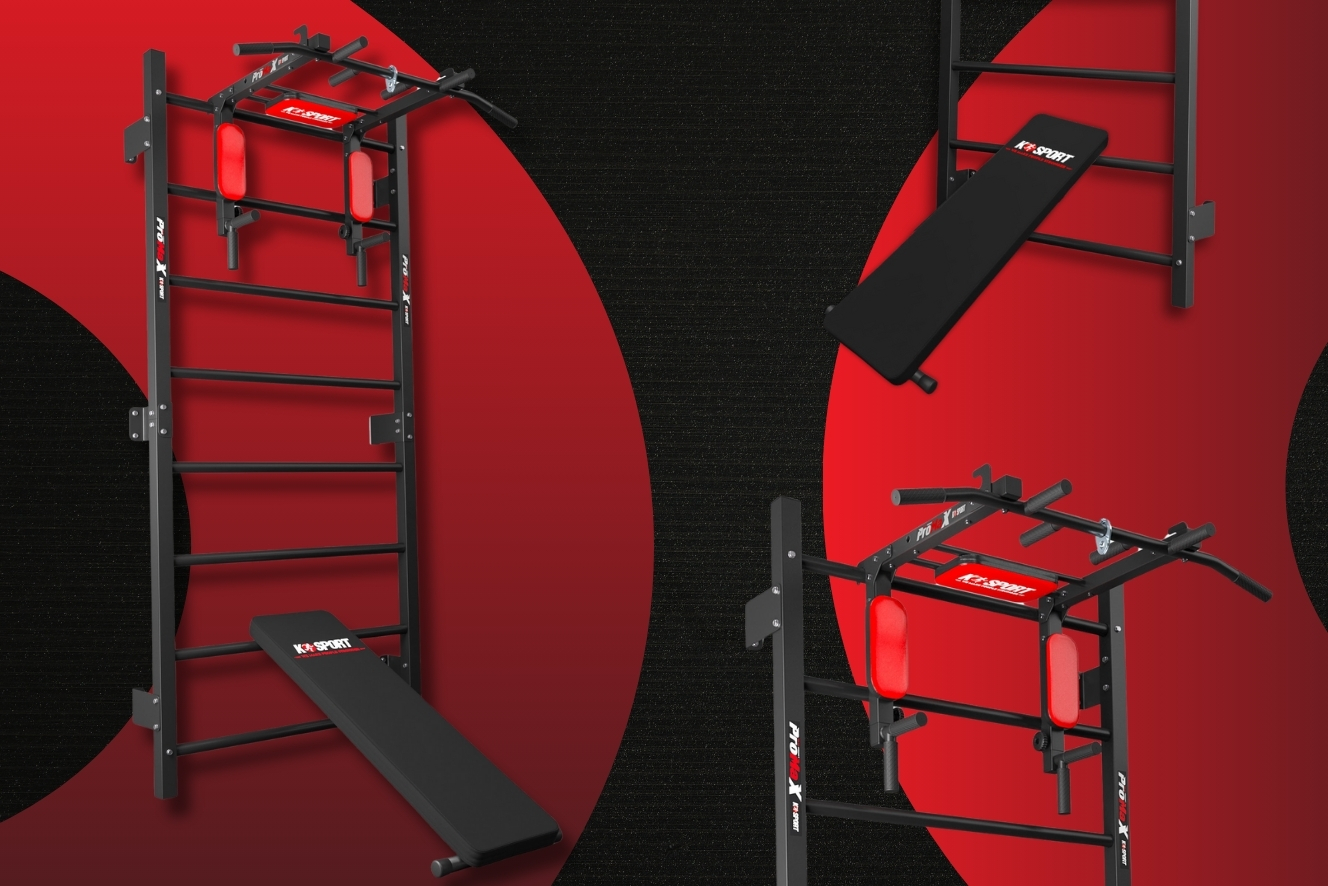 Multifunktionale Sprossenwand mit Klimmzugstation, Dipgriffen und verstellbarer Trainingsbank als platzsparendes Homegym zur Wandmontage