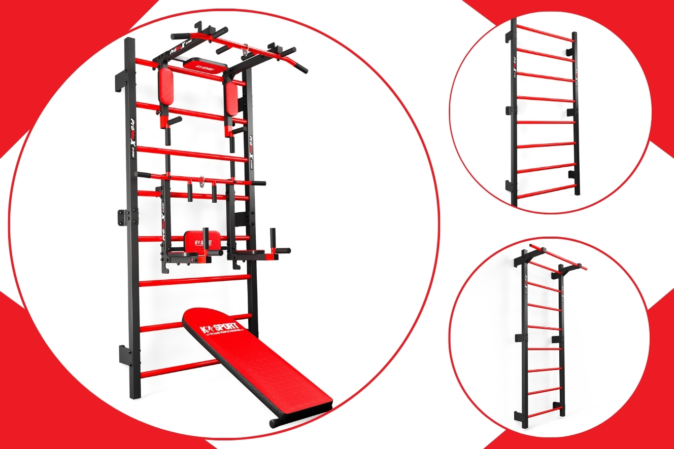 K-Sport Sprossenwand mit Dip-Station, Klimmzugstange und Hantelbank – vielseitiges Trainingsgerät für Kraftübungen und Mobilität im Homegym