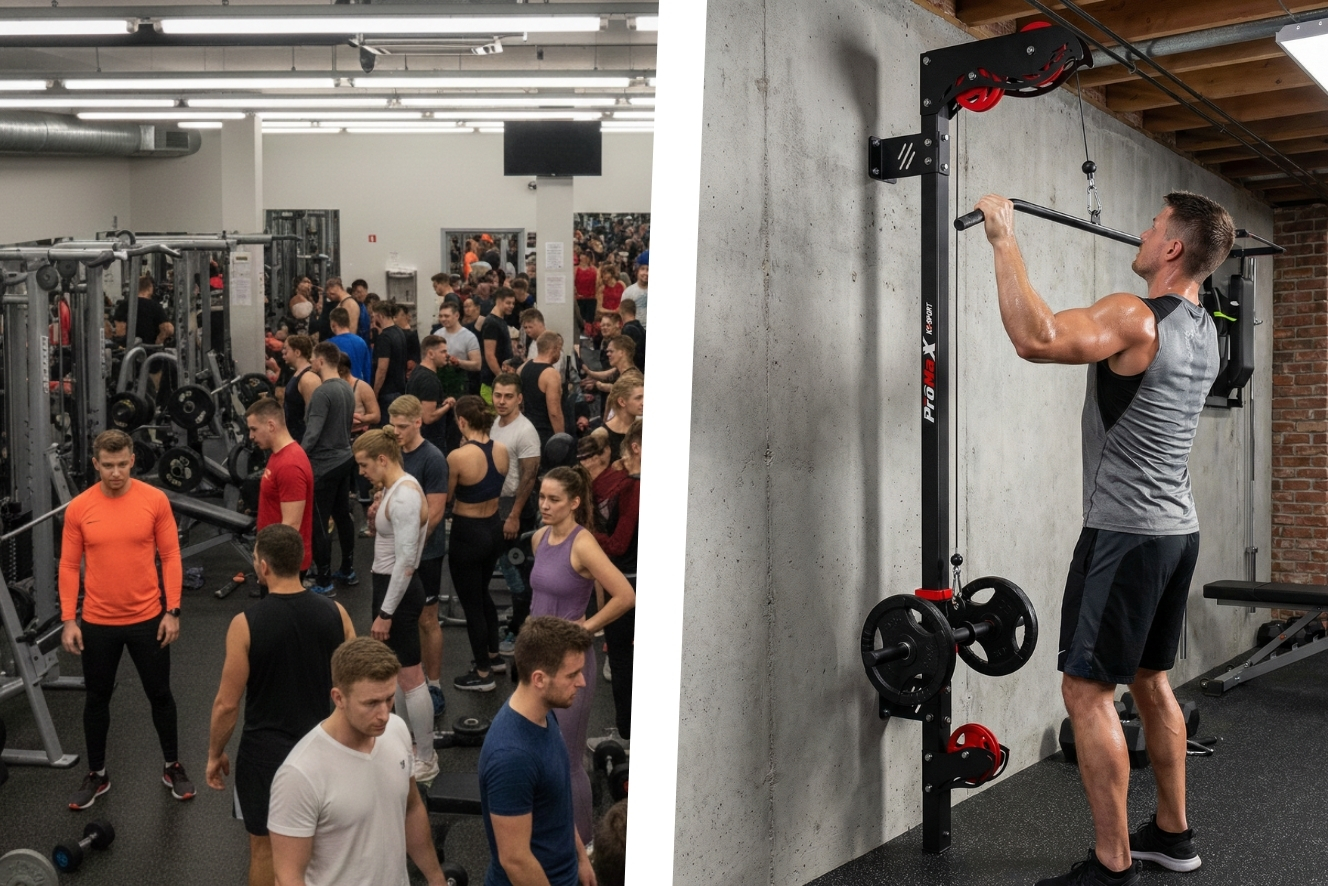 Überfülltes Fitnessstudio im Januar im Vergleich zu ruhigem Home-Gym-Training zu Hause